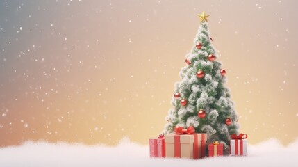 Happy New Year background A huge Christmas tree with bright lights and presents decorative garland glow. Xmas Decorations