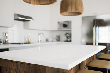 Focus on the marble countertop against the backdrop of kitchen appliances and utensils.
