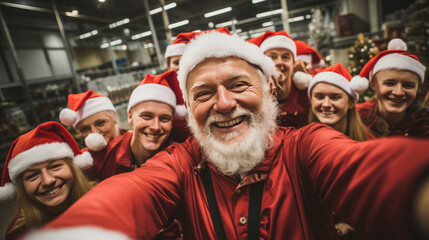 Selfie of happy volunteers or workers in warehouse. Wearing christmas caps smiling.