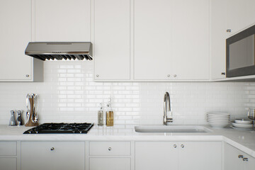 White kitchen with kitchen appliances and utensils