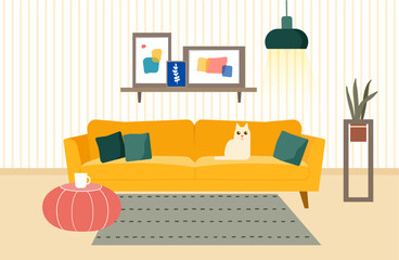 Stylish  living room interior - sofa, coffee table, plant in pots, lamp, home decorations. Modern comfy apartment furnished. Flat colorful vector illustration