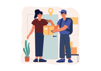Delivery concept with people scene in the flat cartoon design. The courier of the delivery service brought a large parcel to the customer's apartment. Vector illustration.