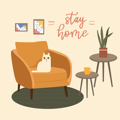 Stylish  interior with comfy armchair, home plant and cat. Illustration with cute minimalistic interior with mid century modern furniture and plant, cat. Flat colorful vector illustration