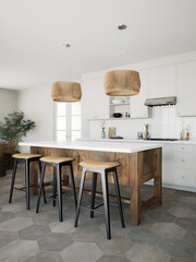 White kitchen with wood island and patterned wood fixtures with kitchen appliances and utensils. 