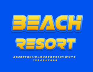 Vector travel poster Beach Resort. Trendy stylish Font. Unique Alphabet Letters and Numbers set