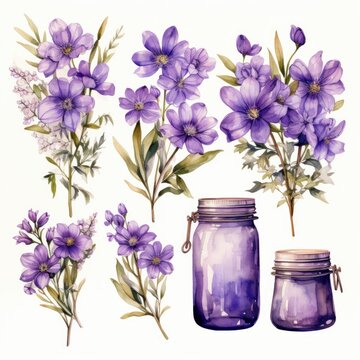 Collection of watercolor mason jars with purple flowers clipart.