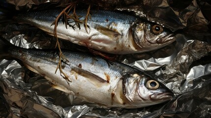 Obraz premium Shiny aluminum foil with anchovy fishes on it.