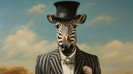 Zebra sporting a dapper bowler hat and monocle, indistinct safari locale. - obrazy, fototapety, plakaty