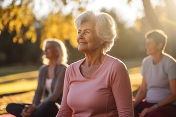 Old white woman with young people in background doing Yoga in the morning
