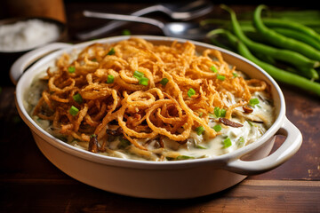 Green Bean Casserole, A casserole made with green beans, cream of mushroom soup, and crispy fried onions is a classic side dish
