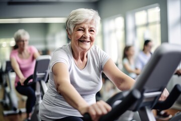 Fototapeta na wymiar Old white woman with grey hair on a spinning bike working out in a gym looking at the camera