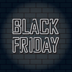 Neon text BLACK FRIDAY on square brick wall background. Vector illustration.