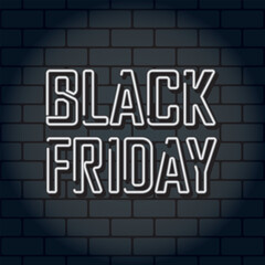 Obraz premium Neon text BLACK FRIDAY on square brick wall background. Vector illustration.