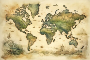 Great detailed illustration of the world map in vintage style.