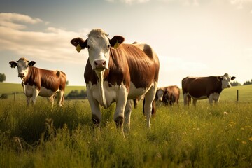 Fototapeta na wymiar Group of cows standing in a grassy field.