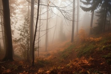 Foggy mystical forest view. Generative AI