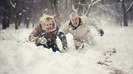 Fototapeta na wymiar Man And Woman Fighting Snow