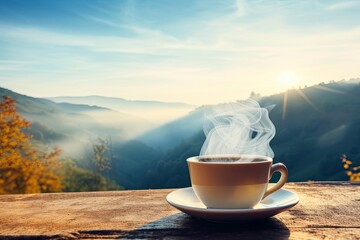 Naklejka na ściany i meble Hot coffee with smoke in the morning under blue sky.