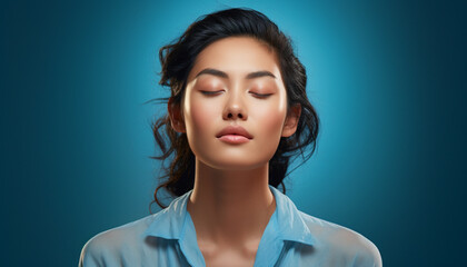 close-up studio photograph with plain blue background of a young Asian woman, meditating and with her eyes closed while enjoying great inner peace, dressed in a blue shirt