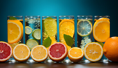 Ampoules with vitamin C and lemon slices on colorful background - obrazy, fototapety, plakaty