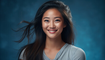 close-up studio photograph with plain blue background of a young Asian woman, who is deeply in love, Radiating an expression of happiness and affection, dressed in a blue shirt.