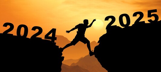 Happy new Year, New Year's Eve, turn of the year concept greeting card illustration - Black silhouette of man jumping on cliff 2024 to cliff 2025 in the mountains rock at amazing sunset