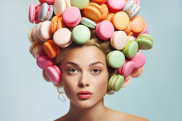 Young beautiful woman with pile of colorful macarons in her hairdo. Creative conceptual banner for confectionery pastry French cuisine