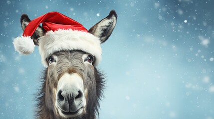 Close-up of a donkey with a Santa hat on its head. Blue and snowy background.