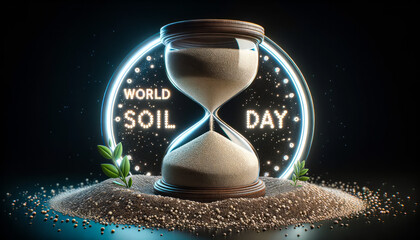 Temporal Preservation: illustration of a digital hourglass where the sand grains are made of soil, representing the preciousness of time and soil conservation, with 'World Soil Day' glowing beside it.