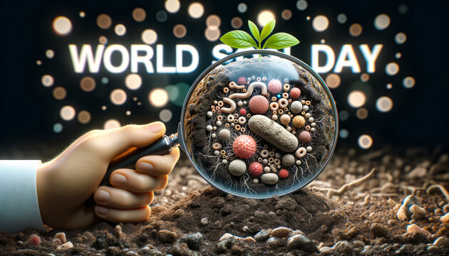 Microscopic Marvels: image of a magnifying glass over soil, revealing the microorganisms and nutrients essential for plant growth, set against a backdrop with 'World Soil Day' text