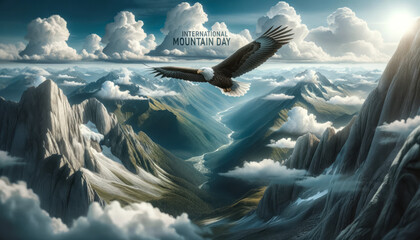 Freedom's Flight: an eagle soaring above a majestic vast mountain range, capturing the essence of freedom and the grandeur of mountains and liberty, with 'International Mountain Day' clouds in the sky