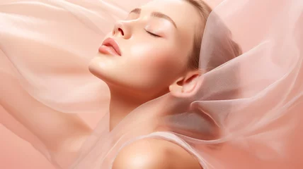Fotobehang Beautiful young woman face with closed eyes on pastel pink glowing background. Beauty skin care make up cosmetics concept banner © olindana