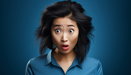 Close-up studio photograph with plain blue background of a asiatic young woman, with a surprised face, mouth open, dressed in a blue shirt.