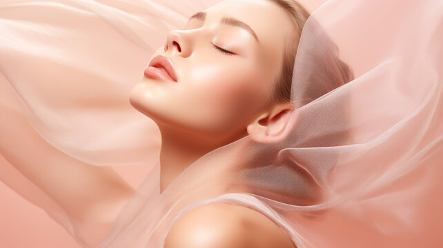 Beautiful young woman face with closed eyes on pastel pink glowing background. Beauty skin care make up cosmetics concept banner