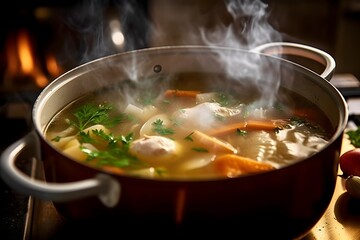 A steaming bowl of homemade chicken soup simmering on the stovetop - obrazy, fototapety, plakaty