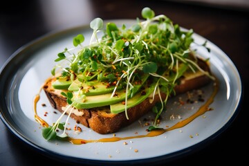An avocado toast garnished with microgreens and a touch of chili flakes