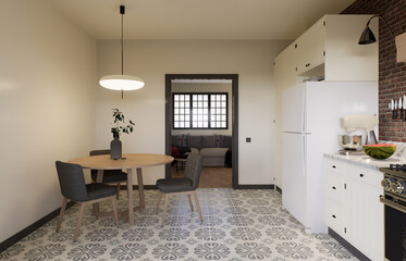 Kitchen interior with swing doors, dining table and kitchen appliances. 