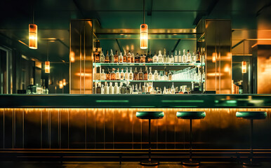 Blur shot of classic luxury counter bar drink.cocktail bartender with  light gold bokeh background.beverage concepts