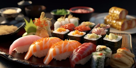 Sushi with various variants is tempting to eat. Japanese food. generative AI