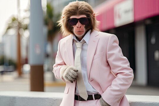 A Monkey is wearing sunglasses, suit and standing on street.