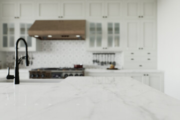 Kitchen with an emphasis on an empty countertop for arranging kitchen utensils. 