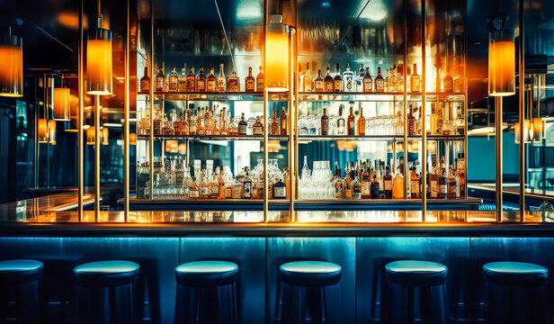 Blur shot of classic luxury counter bar drink.cocktail bartender with  light gold bokeh background.beverage concepts