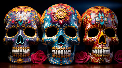 Showcase the craftsmanship of sugar skull artists, with an emphasis on detailed decorations, vibrant colors, and the cultural significance they hold. - obrazy, fototapety, plakaty