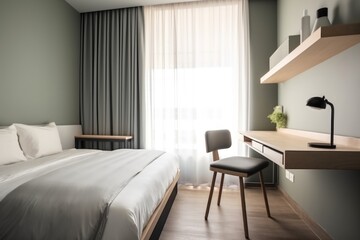 minimalistic micro hotel room with bed and desk