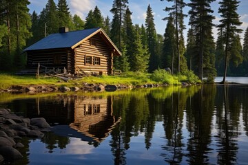 Fototapeta na wymiar rustic log cabin by a tranquil lakeside