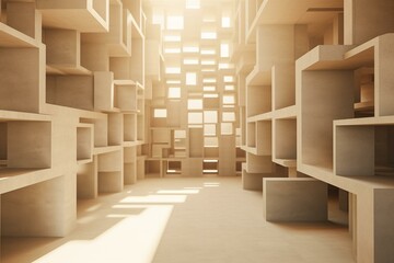Obraz premium Abstract architecture with rhythmic concrete block, sunlight creating light and shadow. 3D rendered image. Generative AI