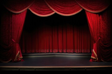 side view of open proscenium stage with red curtains