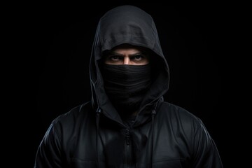 Portrait of a man wearing balaclava on black background