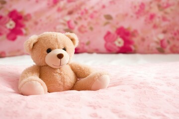 stuffed teddy bear on a pink bedspread - obrazy, fototapety, plakaty