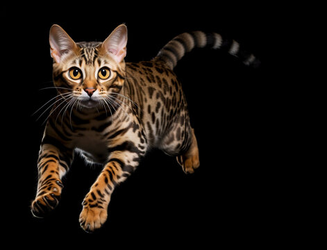 Cute bengal cat jumping on a black background.